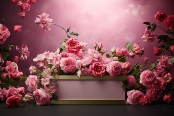 Beautiful podium with pink flowers ornaments with space for your product.