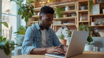 An engaged man in a denim jacket types away on his laptop in a vibrant workspace filled with plants, reflecting the integration of work-life balance and environmental consciousness.
