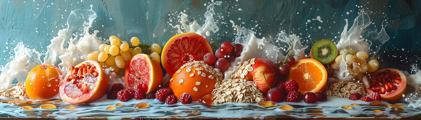 A breakfast scene creatively arranged to mimic a famous painting using fruits oats and syrups