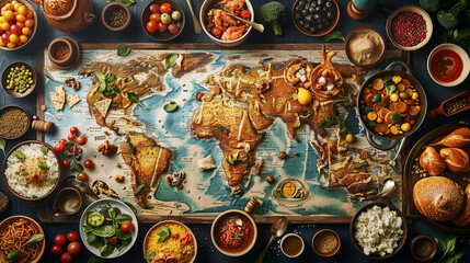 A culinary map of a continent with dishes and ingredients representing each countrys cuisine - obrazy, fototapety, plakaty