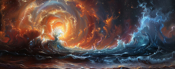 A galaxy painted as a tumultuous sea with waves of stars crashing against nebulae shores