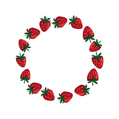 Red strawberry summer hand drawn fruit circle wreath for card or invite. Vector sweet food clip art, isolate on white background