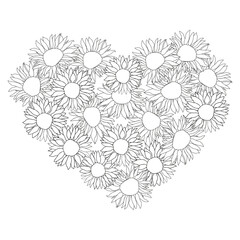 Line art black ink sunflower hearts background, hand drawn floral elements for Valentines day. Vector illustrations for card or invitations, coloring book