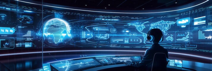 A futuristic center to help customers with virtual reality, a person in a virtual headset looks at a database, banner