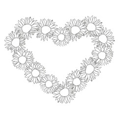 Fototapeta na wymiar Line art black ink sunflower hearts frame, hand drawn floral elements for Valentines day. Vector illustrations for card or invitations, coloring book