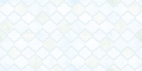 Moroccan Seamless Pattern. Arabic Mosaic Watercolor Ornament. Eid Mubarak Muslim Background. Ramadan Kareem Islamic Illustration. Turkish Mosque Window Shape.
