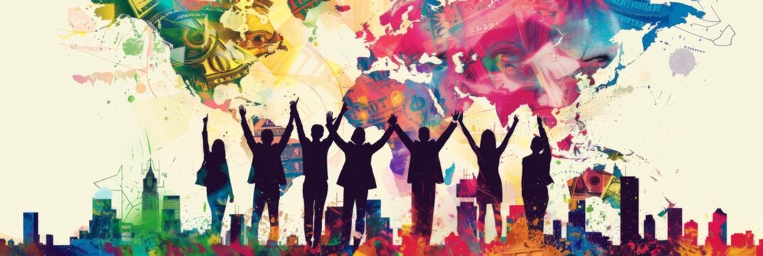 Colorful Abstract Artistic Expression - Vibrant Paint Strokes And Splatters Create A Dynamic Composition, Where A Group Of Jubilant People Raise Their Hands In Unity, Celebrating Diversity And Creativ