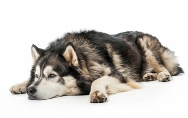 Obraz premium A serene Alaskan Malamute sleeps soundly, its luxurious coat and calm repose showcasing the breed's gentle and composed nature. The dog's peaceful slumber invites a sense of tranquility.