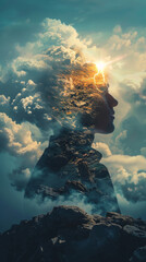 Mindful Contemplation Nature Composite - A blend of a human profile and natural scenery depicts deep reflection.