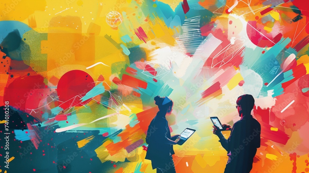 Poster dynamic collaboration in business - silhouettes of two professionals engage over a colorful and dyna