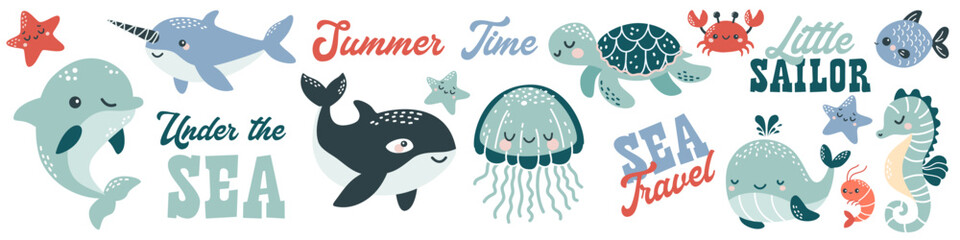 Vector illustration collection in children's Scandinavian style. Orca dolphin dolphin crab jellyfish octopus fish turtle shark seahorse shrimp swordfish. Vector illustration - obrazy, fototapety, plakaty