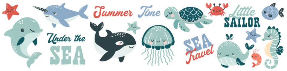 Poster Vector illustration collection in children's Scandinavian style. Orca dolphin dolphin crab jellyfish octopus fish turtle shark seahorse shrimp swordfish. Vector illustration © Alena