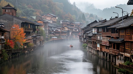 Traditional wooden riverside houses in a Japanese village with autumn colors and a calm misty atmosphere