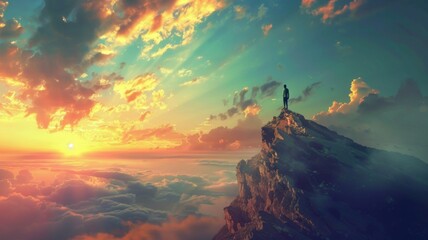 Man on Mountain at Sunset - A lone man atop a mountain peak with a breathtaking sunset, embodying achievement and personal success. - obrazy, fototapety, plakaty