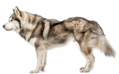 Fototapeta premium An Alaskan Malamute stands in profile against a white background, showcasing its thick fur and proud stance. This image captures the breed's characteristic wolf-like features and robust build.