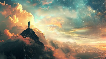 Man on a Cosmic Mountain - A solitary figure stands on a mountaintop against a cosmic backdrop, symbolizing exploration and the vastness of the universe. - obrazy, fototapety, plakaty