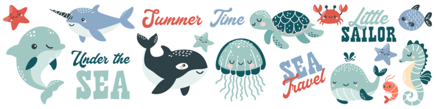 Naklejki Vector illustration collection in children's Scandinavian style. Orca dolphin dolphin crab jellyfish octopus fish turtle shark seahorse shrimp swordfish. Vector illustration