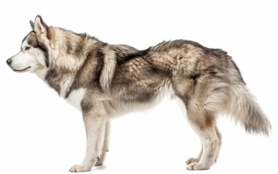 An Alaskan Malamute stands in profile against a white background, showcasing its thick fur and proud stance. This image captures the breed's characteristic wolf-like features and robust build.