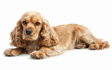 A golden American Cocker Spaniel lies down gracefully, its soft, wavy fur and gentle eyes exuding calmness. The dog's relaxed posture invites a sense of serenity.