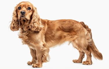 An alert American Cocker Spaniel stands with a gaze full of curiosity, its golden coat shimmering against the white background. This breed is known for its joyful and inquisitive nature.