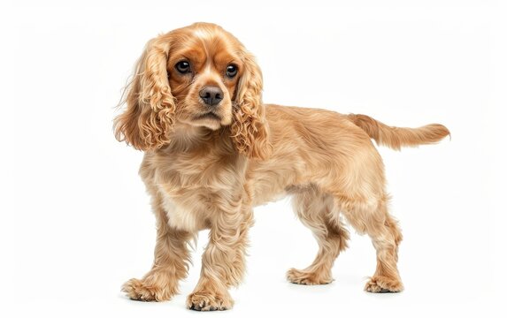 An alert American Cocker Spaniel stands with a gaze full of curiosity, its golden coat shimmering against the white background. This breed is known for its joyful and inquisitive nature.