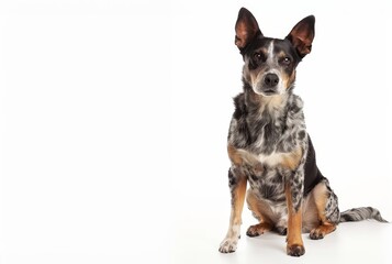 Naklejka na ściany i meble A cheerful Australian Cattle Dog sits attentively against a white background. Its alert eyes and perked ears showcase the breed's intelligence and energy.