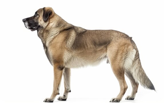 The profile of a majestic Anatolian Shepherd Dog showcases its alertness and strong features against a white backdrop. The tan and black fur coat highlights its impressive stature.