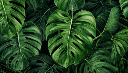 Green tropical palm leaves Monstera dark background