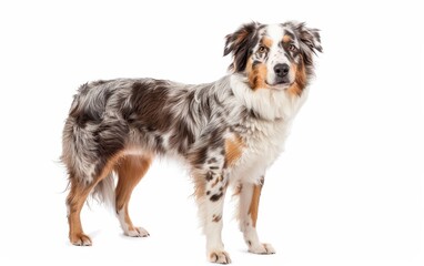 A majestic Australian Shepherd stands poised, its merle coat and attentive eyes indicative of its alert and active nature. The dog's stance displays confidence and readiness.