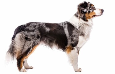 The profile of a regal Australian Shepherd is captured here, showing off its flowing coat and noble posture. This breed's attentiveness and strong herding lineage are evident.