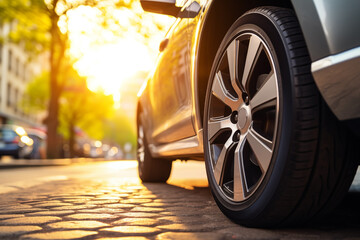 A car with alloy wheels is parked on a cobblestone street at sunset