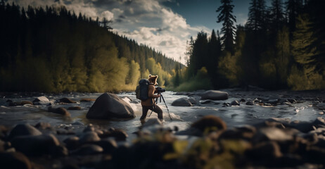bear tourist with a backpack in the river