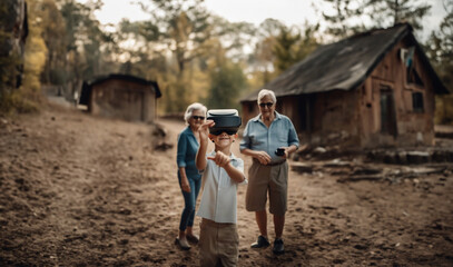 Obraz na płótnie Canvas child in the village wearing VR glasses in virtual reality