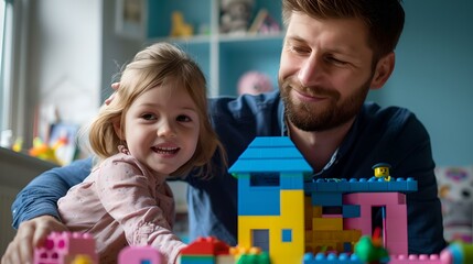 Happy father and child building with colorful blocks. family bonding time. capturing joyful moments at home. candid and playful. AI