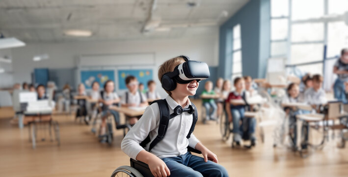 boy in a wheelchair at school wearing VR glasses.