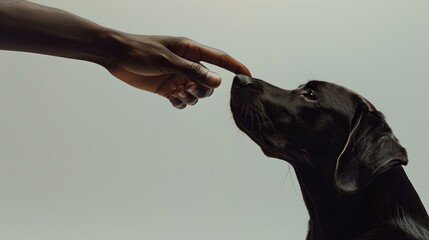 Human hand gently touching a black dog's nose, a moment of connection. companion animals and their human friends. perfect for pet-themed projects. AI