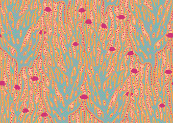 halfdrop pattern with interwined seaweed abstract floral design elements. Trendy peach fuzz, apricot crush, pink yarrow, nautical blue, turquoise colors. Seamless texture in hipster style for beach - 741011436