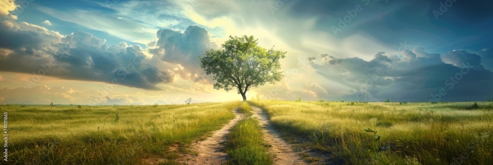 Poster tree lined pathway and sunrays - a scenic pathway under a row of trees with sunrays filtering throug