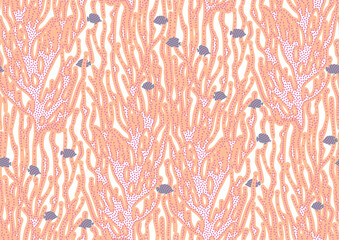 halfdrop pattern with interwined seaweed abstract floral design elements. Trendy peach fuzz, apricot crush, pink yarrow, nautical blue, turquoise colors. Seamless texture in hipster style for beach - 741011882