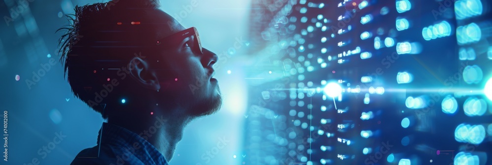 Poster futuristic data stream vision - a man experiences a flood of data, representing the immersion into t