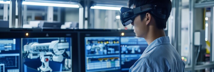 Advanced Tech in Industry - A professional uses virtual reality to interact with industrial machinery, emphasizing the integration of high technology in manufacturing