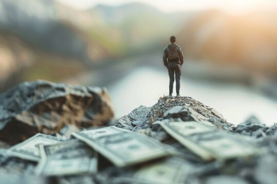 Adventure and Wealth Concept - A lone traveler stands atop a mountain with cash flowing down, depicting the journey towards financial success and the rewards of perseverance and adventure.
