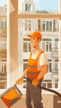 Smiling cleaning worker with steam cleaner in apartment, cleaning service concept, illustration