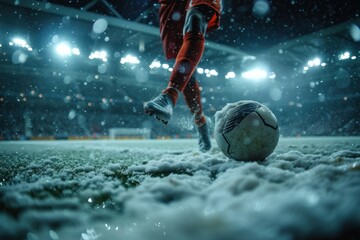 Dynamic image of a soccer player's foot striking the ball on a snowy field, illuminated by stadium lights during a winter match.