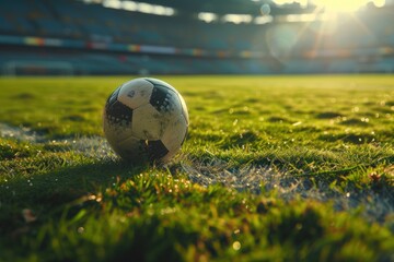 Close-up of a soccer ball on a dewy grass field, illuminated by the warm glow of sunrise in an empty stadium.