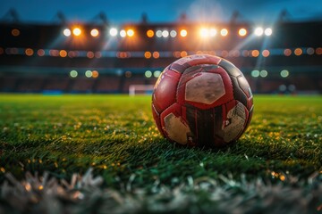 A close-up of a wet soccer ball on the grass field under the stadium lights at night, capturing the...