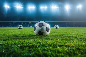 Fototapeta premium A close-up of a wet soccer ball on the grass field under the stadium lights at night, capturing the ambiance of an evening game.