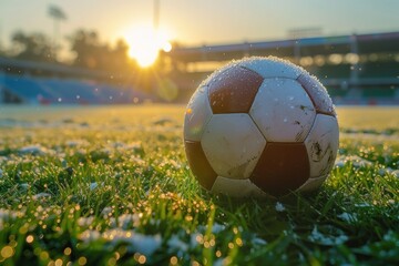 Close-up of a soccer ball on a dewy grass field, illuminated by the warm glow of sunrise in an empty stadium.