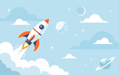 Rocket launch with blue sky on background, flat vector illustration