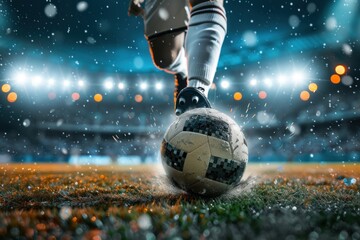 Close-up of a soccer player's foot skillfully controlling a ball on a wet field during a rainy night, highlighting precision and focus.